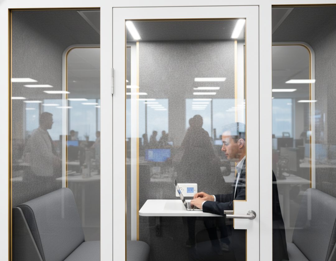 Professionnel concentré dans une cabine insonorisée