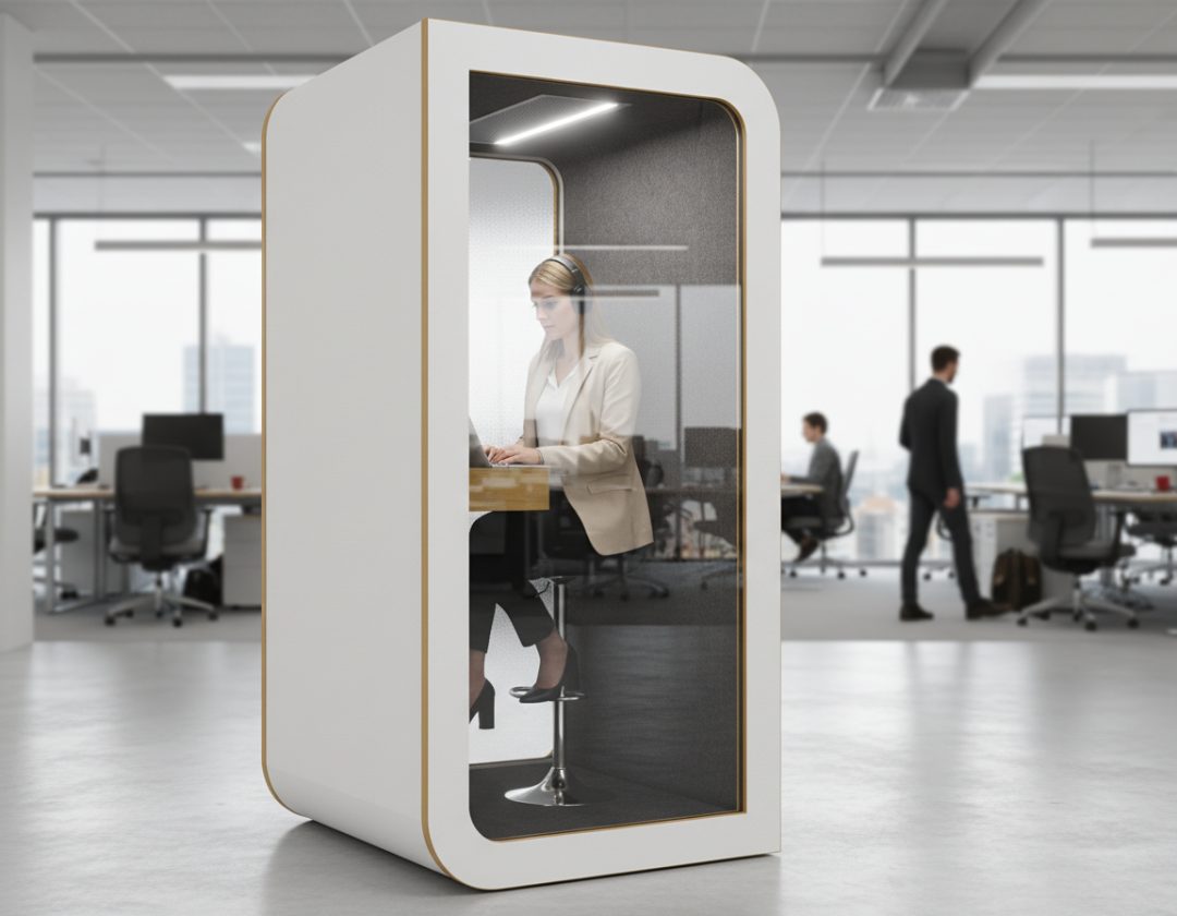 Cabine acoustique blanche dans un bureau ouvert